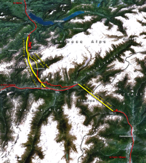 新勒奇山山底隧道（Lötschberg Base Tunnel）以及具有百年历史的辛普朗铁路隧道（Simplon Rail Tunnel）